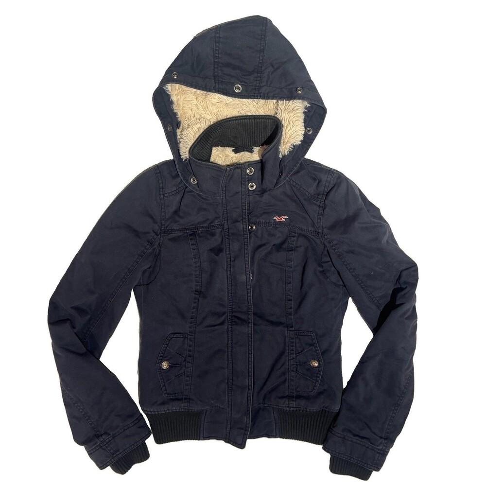 Vintage Hollister Faux Fur Lined Bomber Y2K Jacket Women Medium Navy Preppy
